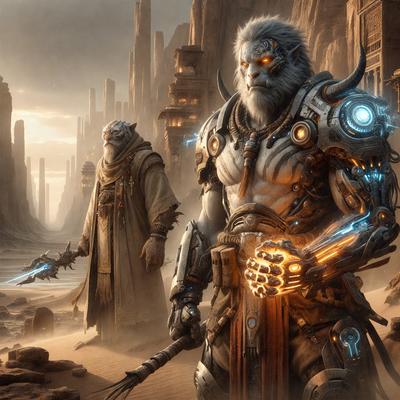 The primary subject of the image is a man with a sword, standing in a desert-like environment. The setting includes a rocky landscape and a castle in the background. The visual style appears to be a digital art or illustration, with a mix of colors and mood, creating a sense of adventure and danger.